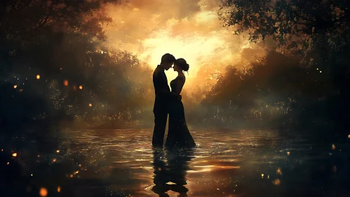 Couple Silhouetted in Water at Sunset.