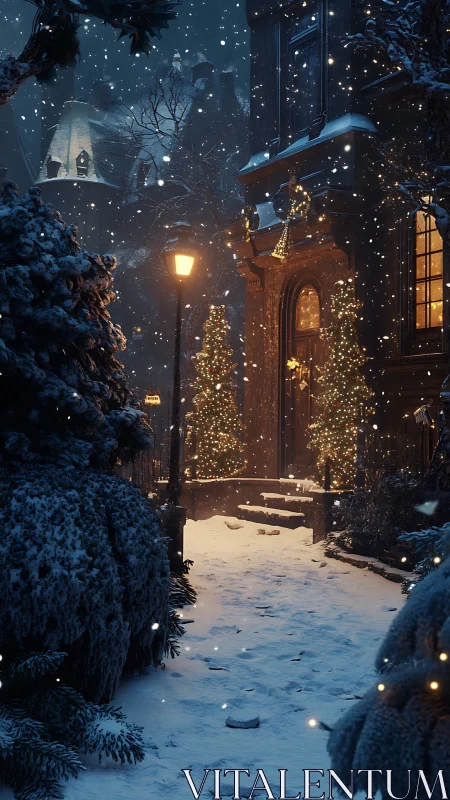 Snowy townhouse glows with warm festive Christmas lights