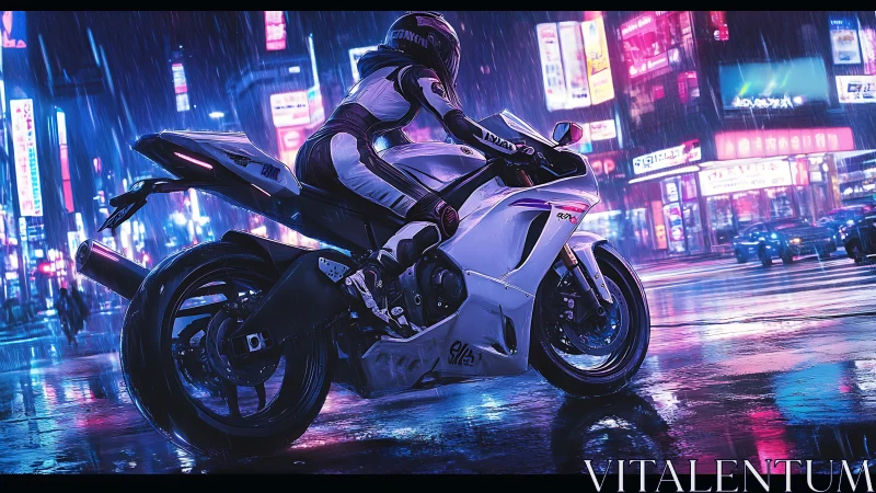 Neon night rider pausing in rain soaked city glow.
