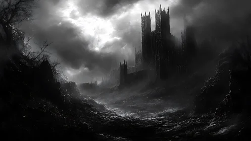 Dark fortress towers over misty, desolate rocky valley.