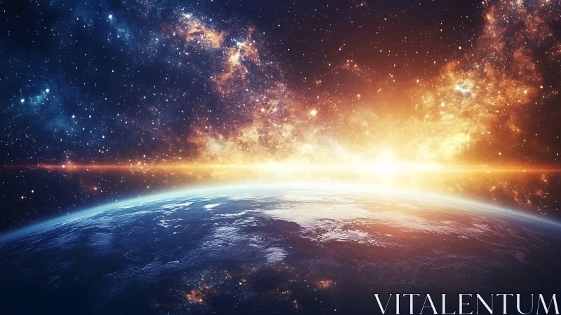 Terminator-lit Earth horizon under stellar nebula sunrise.