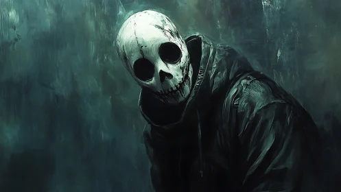 Hooded skull figure leans in shadowed green void