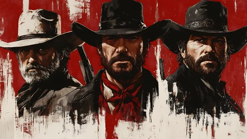 Triadic gunslingers in stylized western portrait composition