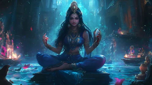 Meditating goddess sits over luminous river in sacred city