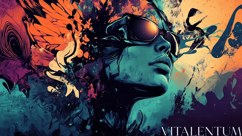 Bold digital portrait of person in sunglasses with neon splashes.