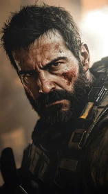 Battle-hardened soldier glares through cinematic backlight.
