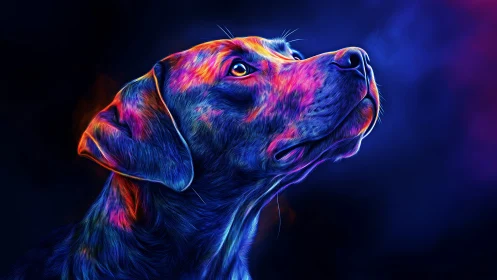 Neon colored dog portrait in vibrant side profile view.