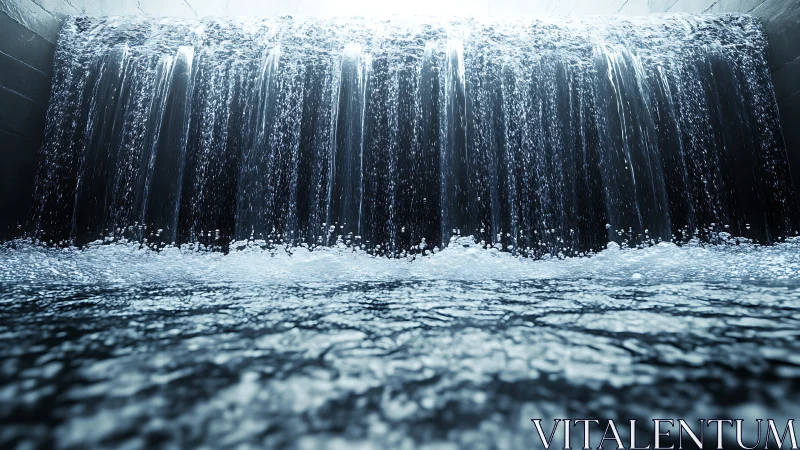 Steel corridor waterfall roaring into electric-blue foam.
