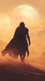 Cloaked wanderer crossing molten desert under swollen sun.