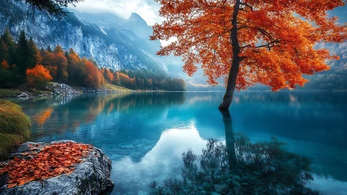 Autumn tree over crystal lake in peaceful mountain silence.