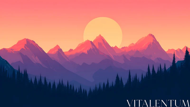 Sunset over stylized pink and purple mountain range.