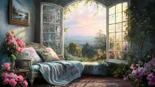Sunlit garden window frames tranquil floral daybed retreat