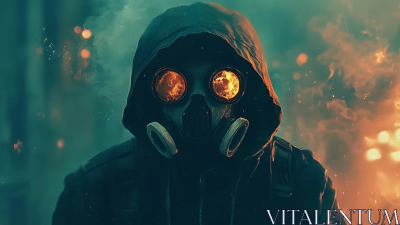 Hooded figure in gas mask against burning smoky backdrop.