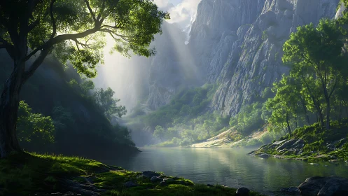 Sunlit mountain valley with tranquil emerald riverside calm.