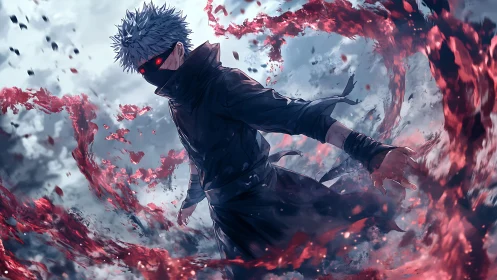 Masked figure in dark clothing manipulates red swirling energy