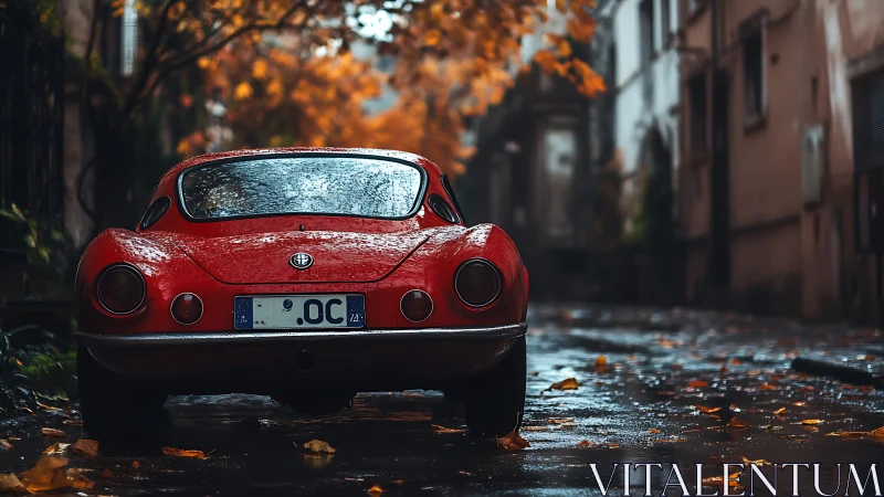 Red classic sports car parked on wet autumn city street.