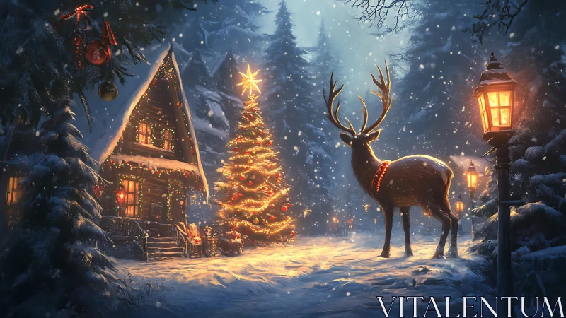 Snow-covered cabin, lit tree, and stag under winter lanterns.