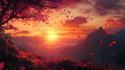 Crimson petals spiral over glowing mountain sunset valley