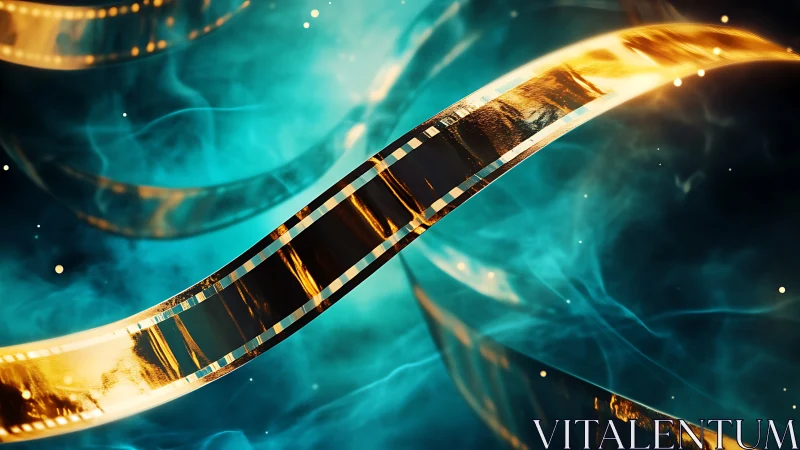 Cinematic film strip ribbons in luminous teal atmosphere.