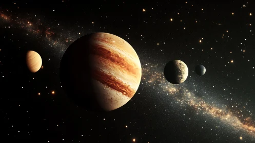 Majestic gas giant drifts among aligned worlds in starlit space