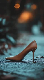 Single high-heeled shoe stands on textured outdoor surface
