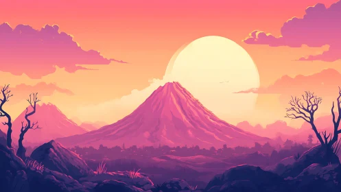 Digital landscape shows central mountain under large setting sun