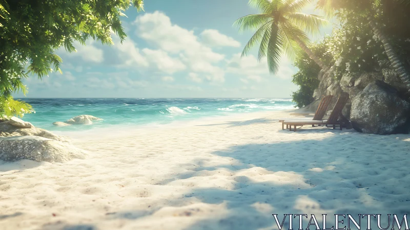 Tropical Beach with Rocky Outcrop and Turquoise Waters.