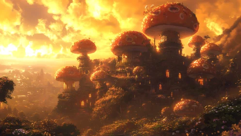 Sunlit mushroom city rising over a glowing fantasy valley.