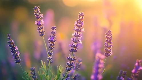 Lavender blooms glow softly in warm golden evening light
