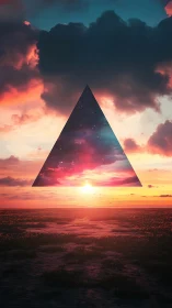 Triangular portal reveals cosmic sunset within storm clouds