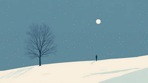 Solitary figure on snowy hill under moonlit winter sky.