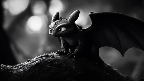 Small black dragon perched on branch in grayscale scene.