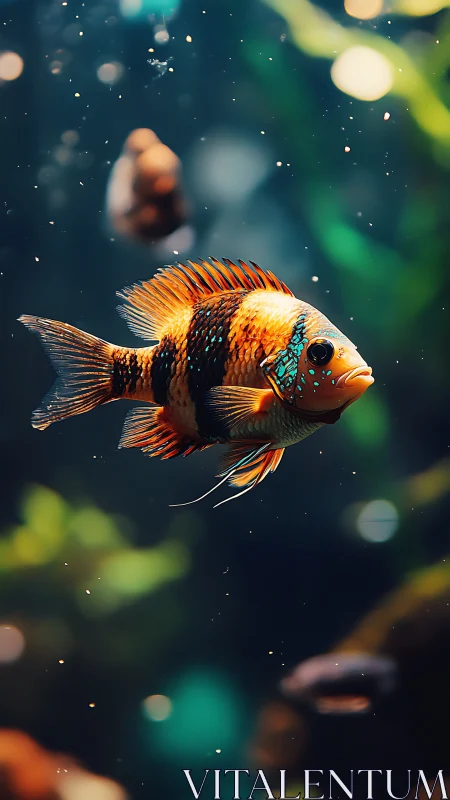 Colorful tropical fish swims alone in deep aquarium water.
