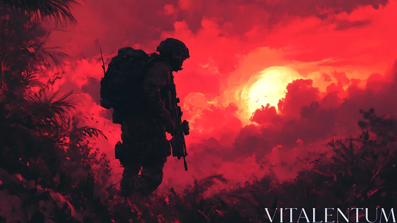 Lone soldier surveys a burning red jungle sunset sky