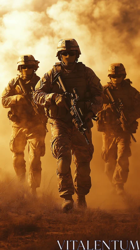 Armed soldiers stride through blazing desert dust at dusk
