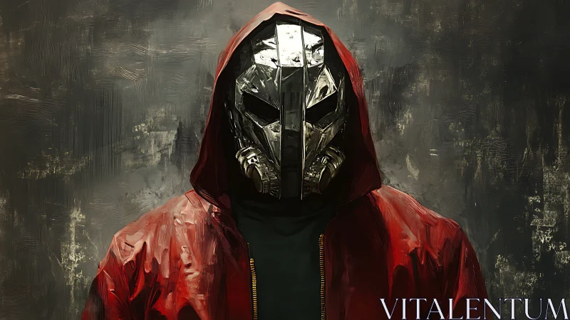Hooded figure with metallic mask against textured backdrop.