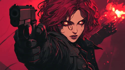 Crimson-eyed vigilante aims through neon-soaked urban fury.