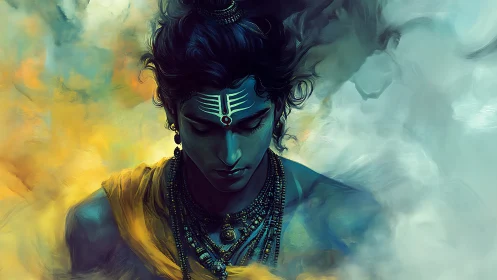 Serene blue-skinned figure in mist with jewelry detail.