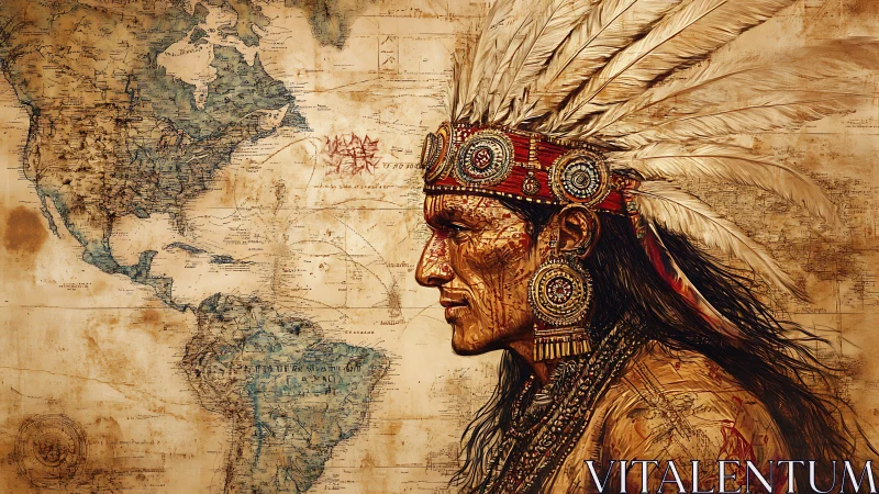 Indigenous profile merges with antique cartographic world map