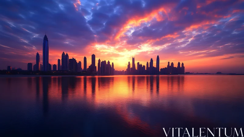 City skyline at sunset reflected on calm waterfront.