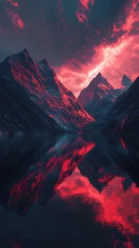 Crimson storm sky ignites jagged mountains above dark lake