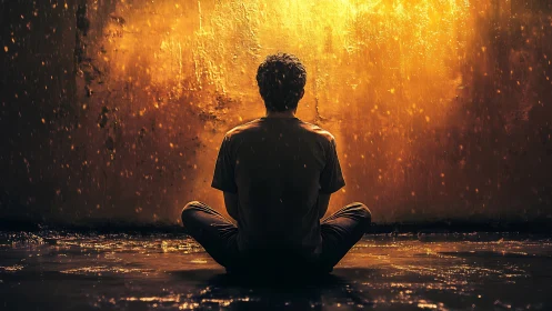Solitary figure meditating in warm rainlit urban glow.