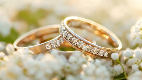 Golden wedding rings sparkling in soft spring blossoms.