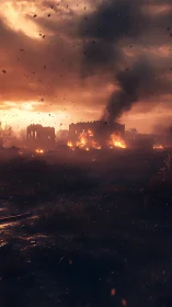 Apocalyptic Wasteland with Burning Fortress at Dusk.