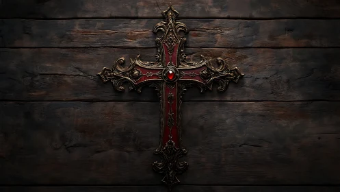 Ornate crimson cross rests calmly on weathered wooden boards