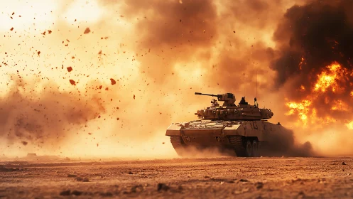 Military Tank Advancing Through Desert Battlefield Explosion