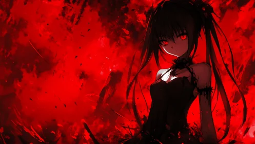 Dark anime heroine stands in chaotic red infernal backdrop