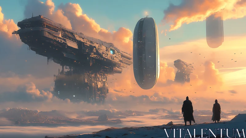 Futuristic carriers hover above frozen terrain at sunrise