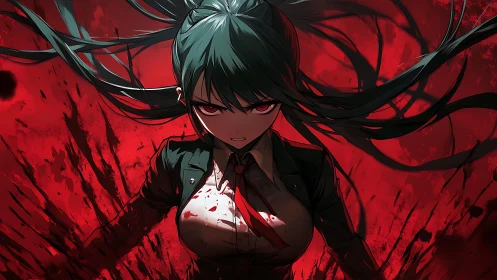 Vengeful midnight heroine carved from storms and scarlet fury.