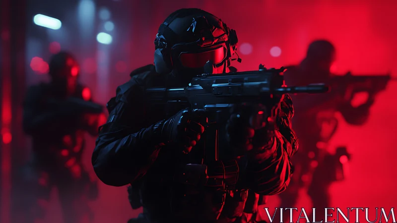 Tactical squad moves through neon red haze with calm focus.